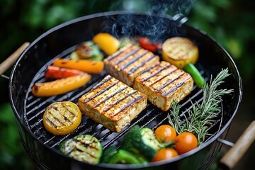 Close up of grilled tofu and mixed vegetables on a barbecue grill with herbs, perfect for a delicious and healthy summer meal outdoors in the backyard.