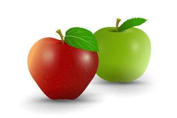 Two fresh red apples with a smooth surface and a single green leaf attached to its. Group of juicy falling red apples, realistic 3d vector illustration