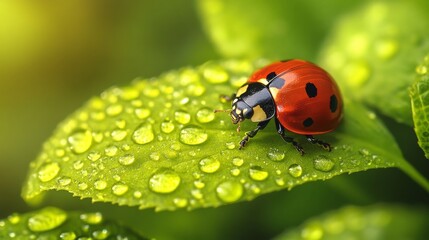 Fototapeta premium Close-up view of a ladybug resting on a wet green leaf in a vibrant natural setting during daylight hours