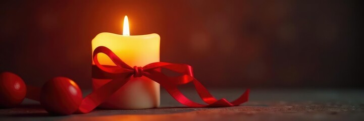Warmth and glow of lit candle with red ribbon tied around it, warm, glowing