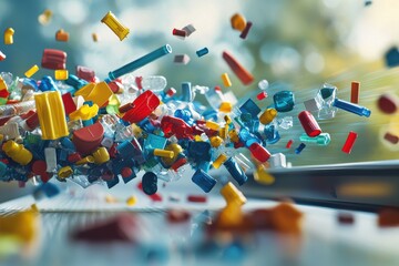 Fototapeta premium A dynamic display of colorful plastic components suspended in mid-air, depicting recycling or manufacturing processes, set against a blurred background, showcasing movement and vibrant hues.