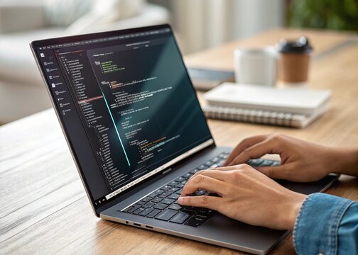 A close-up of a software developer typing on a laptop, with lines of code displayed on the screen in a dark mode interface