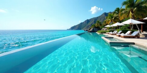 Fototapeta premium Crystal clear waters surrounding an infinity pool, peaceful, crystal