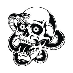 Line art skull and snake vector illustration in monochrome