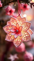 Delicate flower-shaped ornament with sparkly petals and intricate cuts, sparkling flowers, winter florals, merry blooms