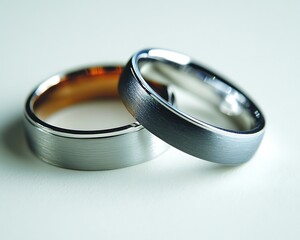 Two elegant wedding rings placed on a neutral colored background