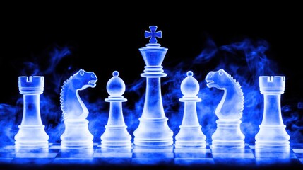 Glowing Chess Pieces on a Dark Board with Smoke.