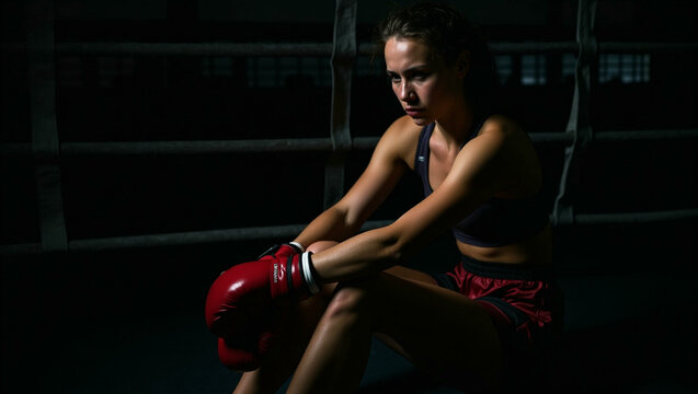 A strong multicultural female boxer resting in a dimly lit gym after an intense workout, illuminated by moody, dramatic lighting. She sits on a bench or leans against the ring ropes.