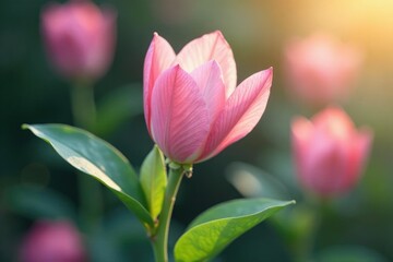 Fototapeta premium Delicate Orquid stem with soft pink petals and green leaves, flowers, botany, botany