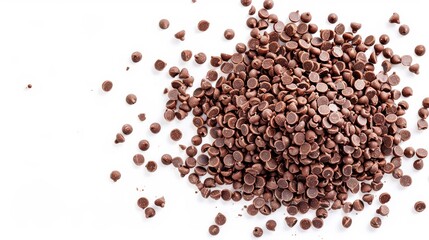 Naklejka premium Pile of delicious semi-sweet chocolate chips scattered on a clean white surface, top view macro, perfect for baking and dessert creations