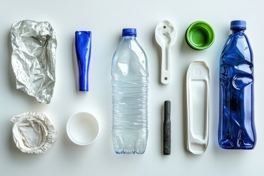 A top-down view showcases various household and packaging materials including plastic bottles and aluminum foil on white surface for recycling or waste management concepts and environmental awareness.