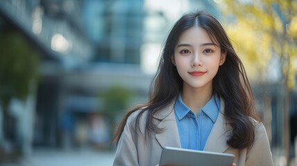 Fototapeta premium Portrait of a beautiful and confident young professional woman holding a digital tablet in an urban setting, showcasing modern technology and business acumen with a gentle smile