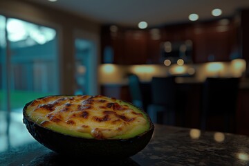 Baked avocado with cheese on a kitchen counter, a gourmet vegetarian appetizer, fusion cuisine highlighting healthy eating and modern culinary trends in a cozy indoor setting.