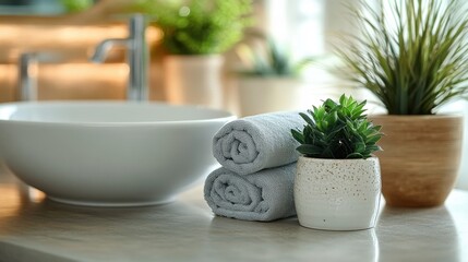 Tranquil Bathroom Oasis: A modern bathroom setting showcases a pristine sink, rolled towels, and lush potted plants, creating a sense of relaxation and cleanliness.