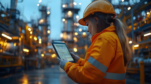 Fachkraft in Schutzkleidung mit Tablet in moderner Industrieanlage