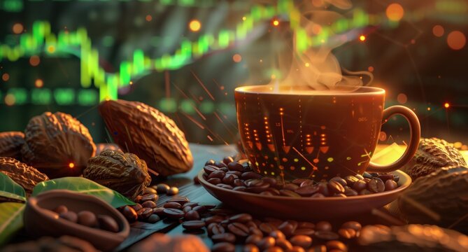Steaming coffee cup surrounded by cacao beans and pods, with rising stock market prices hinting at increasing commodity values