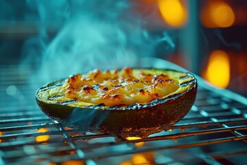 Grilled avocado half with melted cheese on a barbecue, with smoke and yellow lights in background, delicious and creative dish for foodies looking for grill recipe.