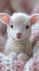 Fototapeta premium Portrait of a fluffy newborn lamb nestled in a cozy, pastel-colored knitted blanket with a gentle, innocent expression
