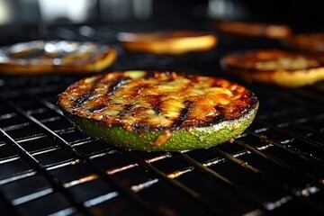 Close-up of a Grilled Avocado Half with Melted Cheese on a BBQ, showcasing a delicious and healthy summer treat with grill marks and a smoky flavor.