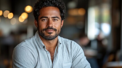 Fototapeta premium Confident man portrait in cafe with bokeh background