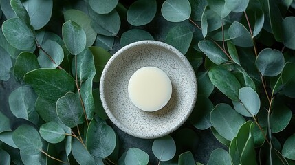 Botanical Balance: A minimalist composition featuring a stone bowl cradling a round, cream-colored item, all nestled within a bed of lush, green eucalyptus leaves.