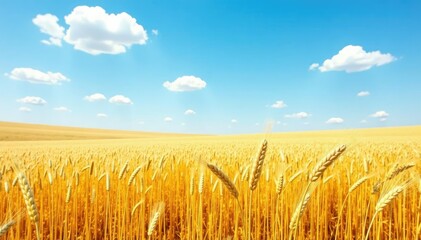Large fields of tall golden wheat swaying gently in the wind under a bright sunny sky with white puffy clouds, nature, wheat