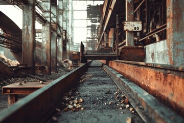 Overlooking a decrepit industrial interior with rust-covered structures, featuring a dilapidated rail track and a weathered carriage with the number 80.