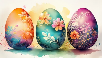 Soft-focus watercolor illustration of three Easter eggs adorned with delicate hand-painted floral details, blending pastel tones and springtime charm for a gentle festive design.