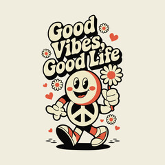 Happy sun character striding, holding a flower, surrounded by blossoms and hearts.  Retro style