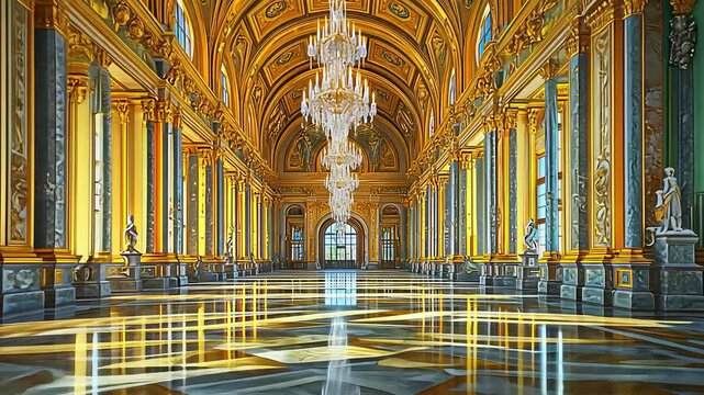 Luxurious Hall with Golden Architecture, Crystal Chandeliers, and Marble Floor in Versailles Palace

