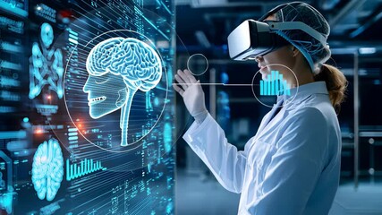 Female Scientist in VR Headset Interacts with Holographic Brain Model - Powered by Adobe