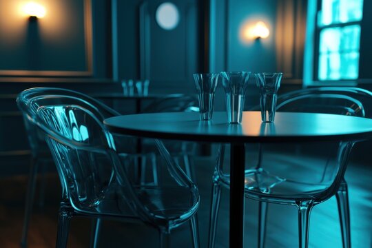 An elegant bar setting with transparent chairs and empty glasses under soft lighting, creates a modern and inviting atmosphere for an upscale cocktail lounge.