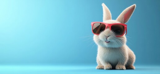 Easter Fun: Cute Cartoon Rabbit Wearing Sunglasses Standing on Two Legs Against a Blue Background. High-Definition 3D Rendered Full-Body Portrait with Bright Colors and Soft Lighting.