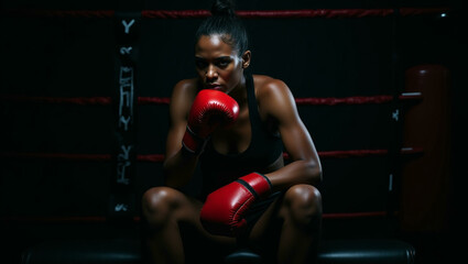A strong multicultural female boxer resting in a dimly lit gym after an intense workout, illuminated by moody, dramatic lighting. She sits on a bench or leans against the ring ropes.