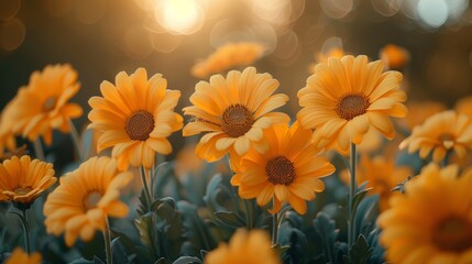 Radiant field of yellow daisies bathed in golden sunlight, evoking warmth and natural beauty in a floral landscape