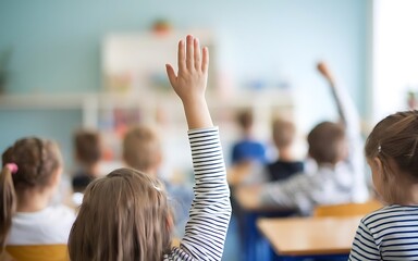 Attending school concept,cheerful kids in school in classroom giving attendance