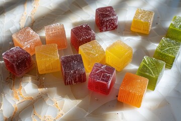 Vibrant square jelly candies with embossed patterns lying on white marble, catching soft sunlight and creating delicate shadows