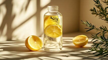 Invigorating Lemon Infusion: a transparent bottle containing lemon slices and herbs, casting playful shadows, and adjacent halves lemons, capture a serene setting of wellness.