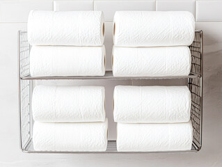Obraz premium Neatly stacked white towels in a wire storage basket.