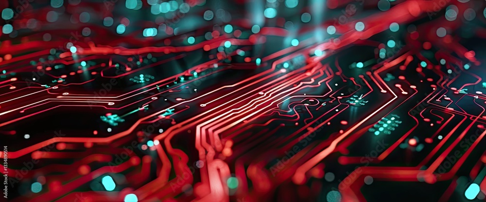 Poster a futuristic server with a printed circuit board, processing code on a vibrant orange, green, and bl