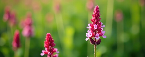 Stem of reddish tufted vetch with flowers and seed pods, foliage, vicia benghalensis