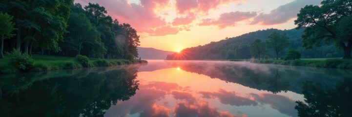 Fototapeta premium Still pond with mirror-like reflection of trees and sky at dawn, peaceful, nature