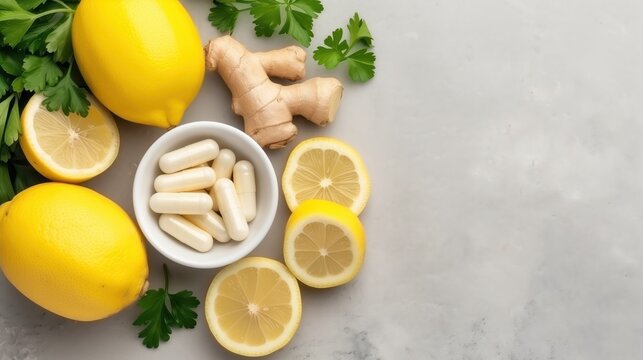 Natural ingredients like lemon, ginger, and parsley combined with supplement pills offer a holistic approach to boosting immune health