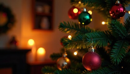 Warmly lit Christmas tree with ornaments and candles, holiday, lights, atmosphere