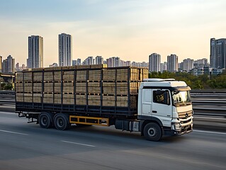 Truck carrying crates on city highway