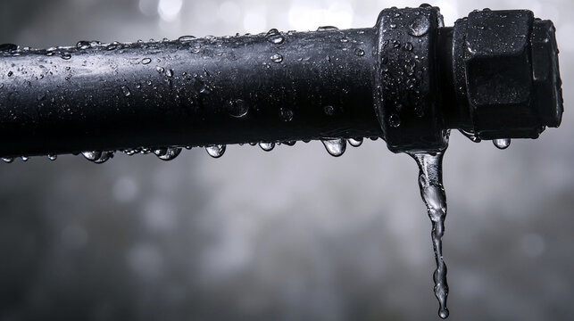 Close-up of dark pipe covered in water droplets, one drop forming an icicle, showcasing water leakage and plumbing issue