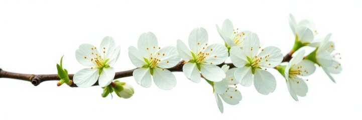 Obraz premium Single isolated branch with delicate white flowers, greenery, flowers