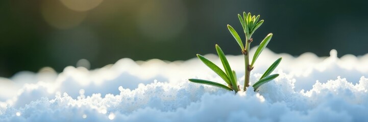 Obraz premium Sprigs of rosemary sprout from a snow-covered surface, herb, rustic, rosemary