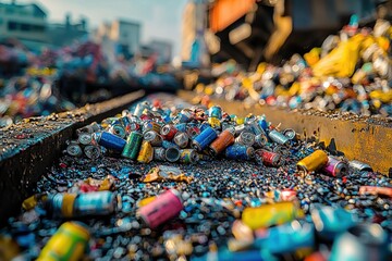Obraz premium Recycling Plant Overflowing with Aluminum Cans and Other Waste, urgent need for better recycling practices and environmental awareness in the community, pollution problem