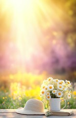  Beautiful composition of chamomile flowers in a cup, old book, and braided hat in a summer garden with a rural landscape background, bathed in sunlight. Summertime season with copy space available .